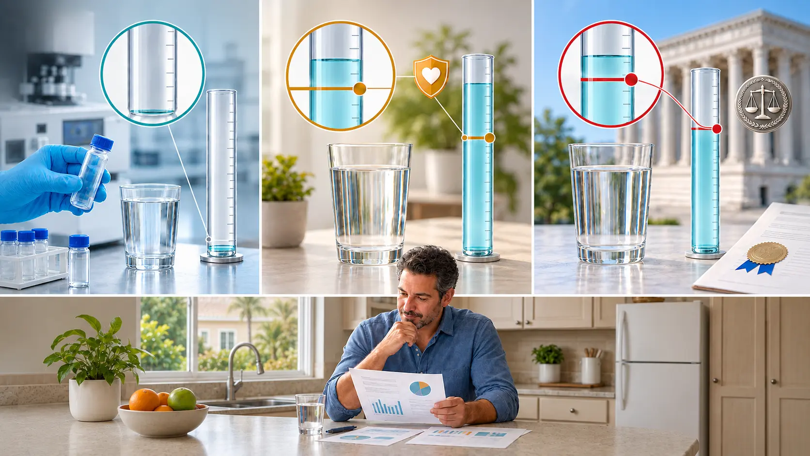 Three-panel infographic comparing detection, exceeding a health-based guideline and violating a legally enforceable drinking-water limit.