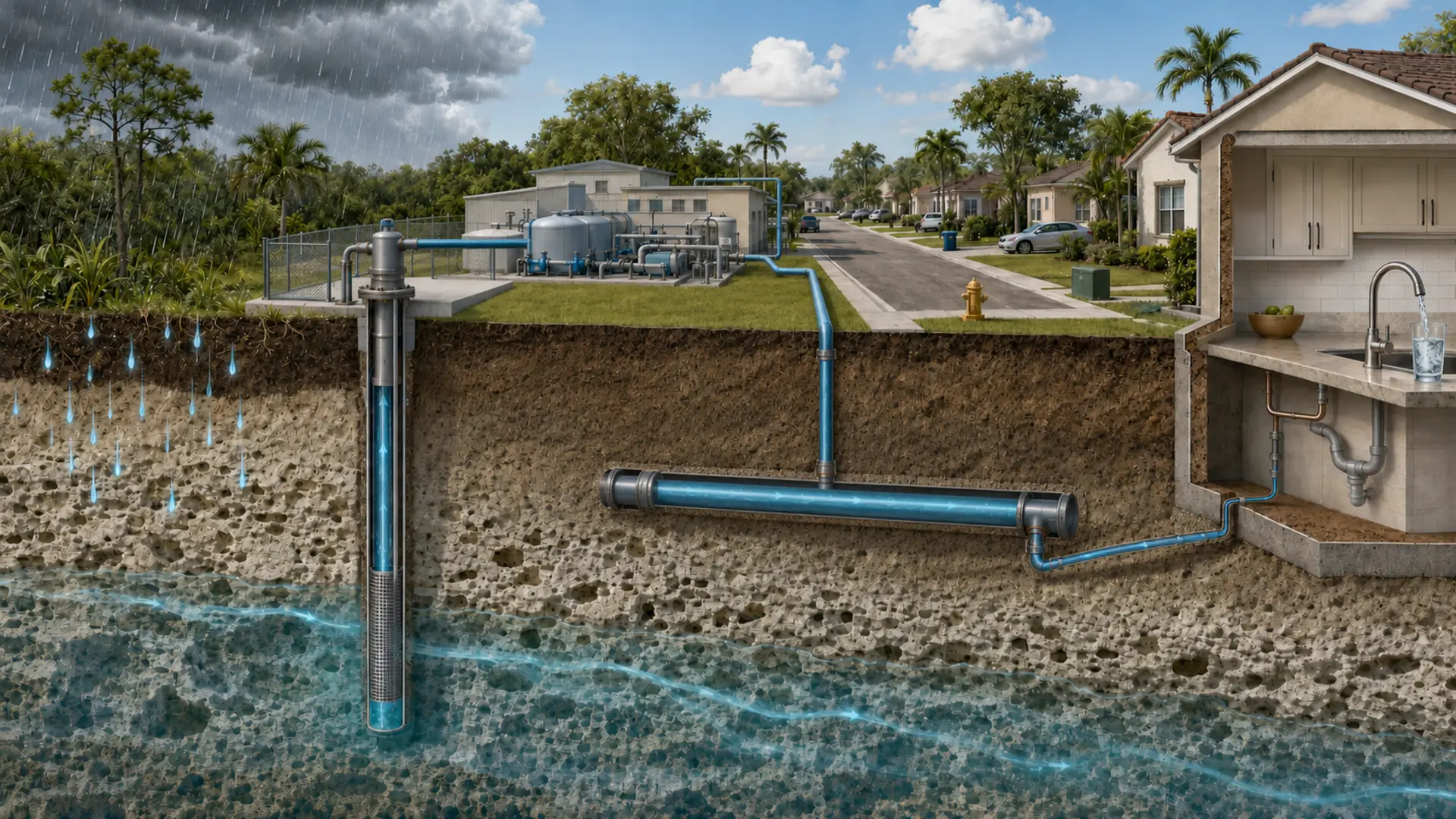 Cutaway illustration showing municipal groundwater traveling from a Florida aquifer through treatment and public pipes to a South Florida kitchen faucet.