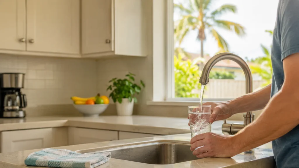 Florida homeowner filling a drinking glass with tap water in a South Florida kitchen.