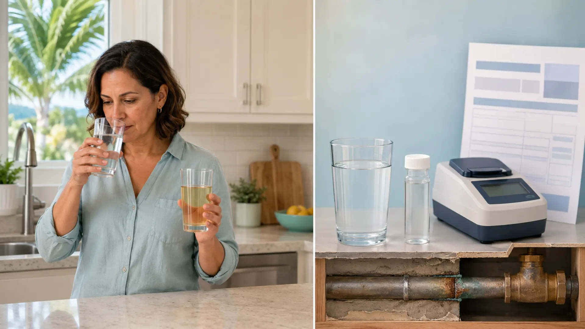 Florida homeowner examining tap-water odor and color beside a clear sample, laboratory instrument, water report and older plumbing.