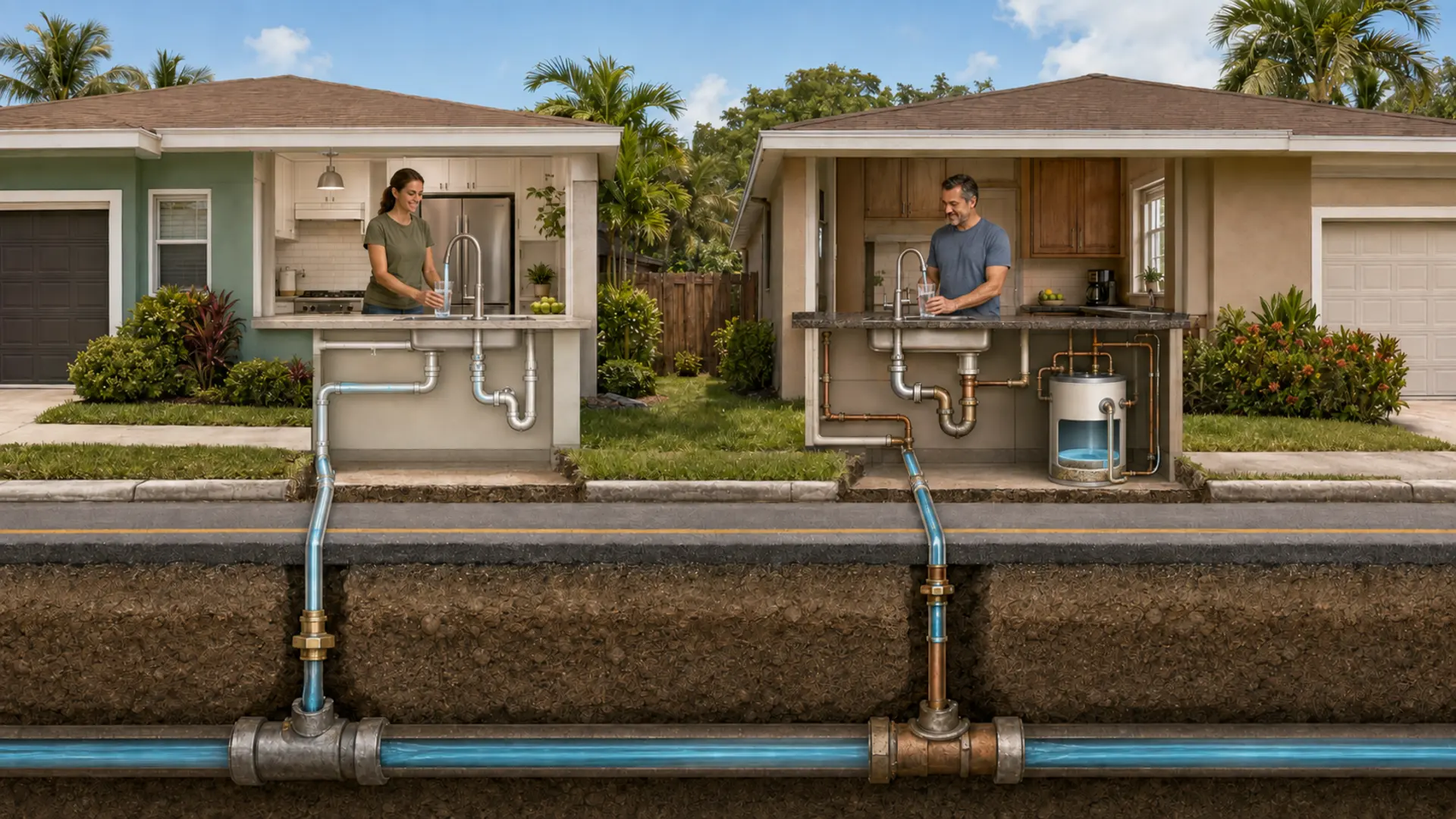 Cutaway illustration showing two neighboring South Florida homes receiving water from the same public main through different service lines and plumbing systems.