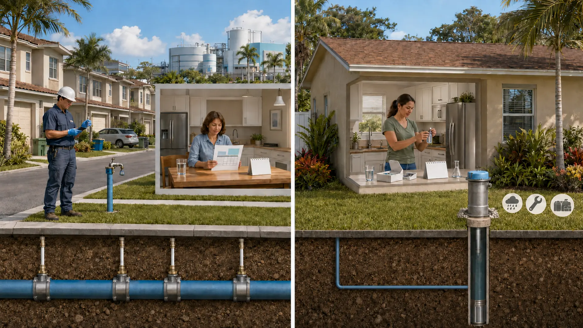 Conceptual illustration comparing utility monitoring and annual reporting for public water with owner-arranged testing and maintenance for a private well in South Florida.