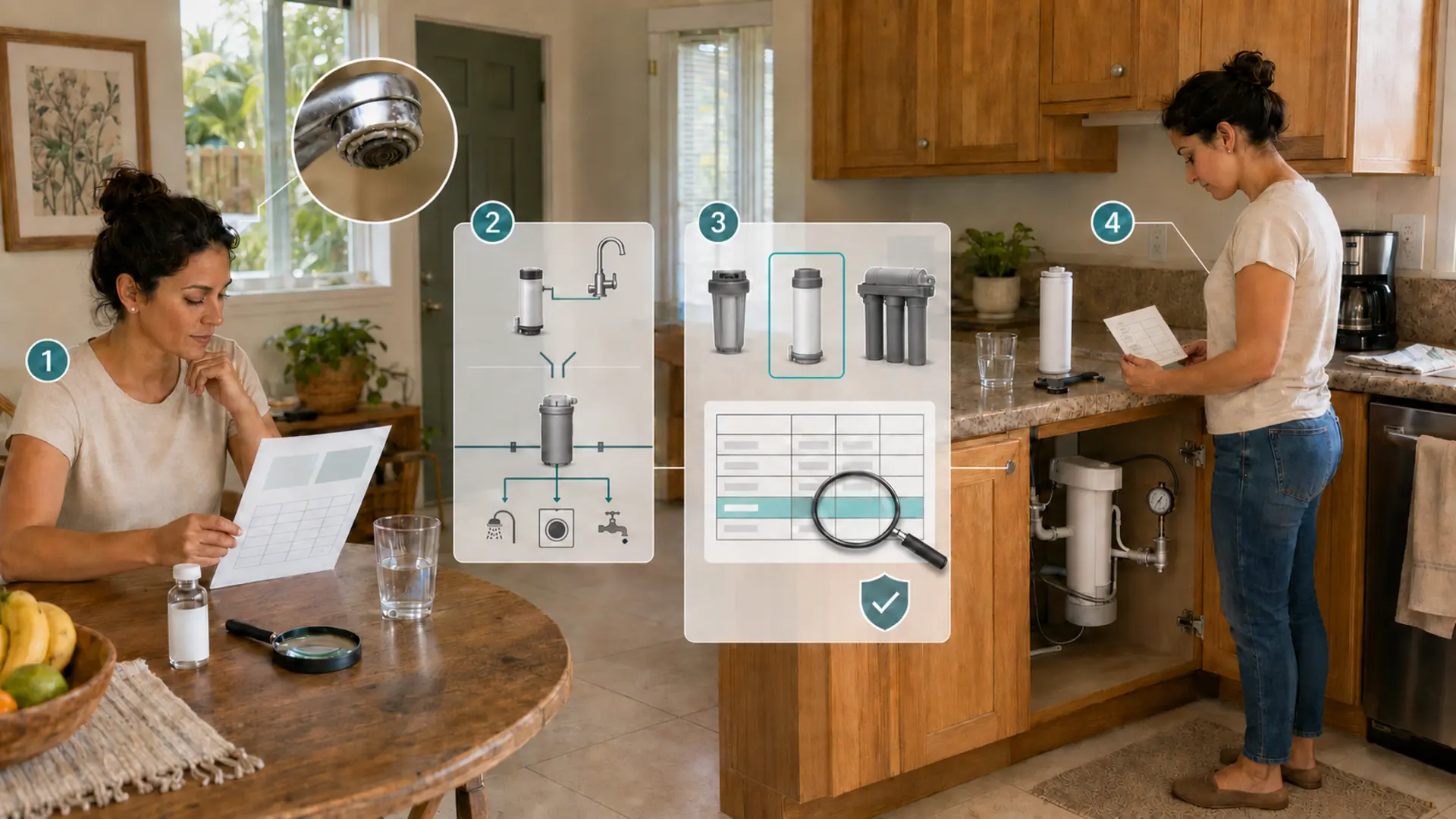 South Florida homeowner following four steps to confirm a water concern, choose the treatment location, verify a specific certified model and plan its maintenance.